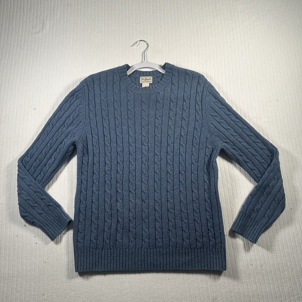 L.L.Bean Mens XL Cable Knit Sweater Lambswool Blend Blue Crewneck Pullover